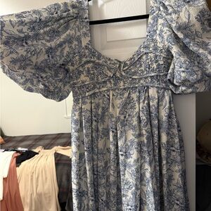 Blue Floral Maxi Dress with Puff Sleeves